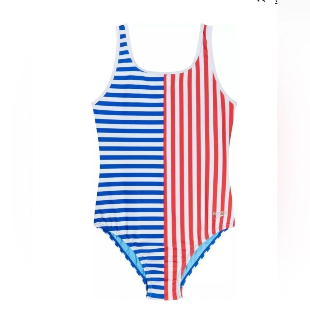 Speedo Girl’s Swimsuit One Piece Blue and Red Stripes Size 16 NWT UPF 50+